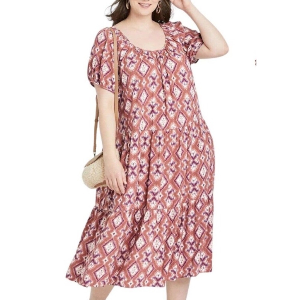 Knox Rose rust purple white Geometric Tiered Patterned Midi Dress size xl